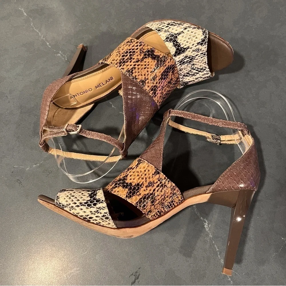 Antonio Melani sz 8 tri-color snakeprint leather high ankle strap heels